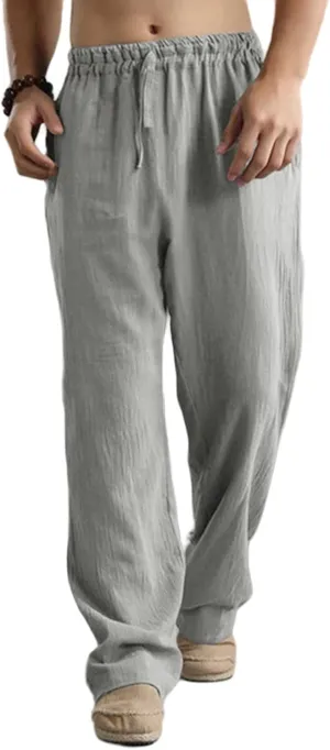 Men's Casual Sports Pants Breathable Solid Color Linen Elastic Waist Lace Up Loose Trousers with Pockets