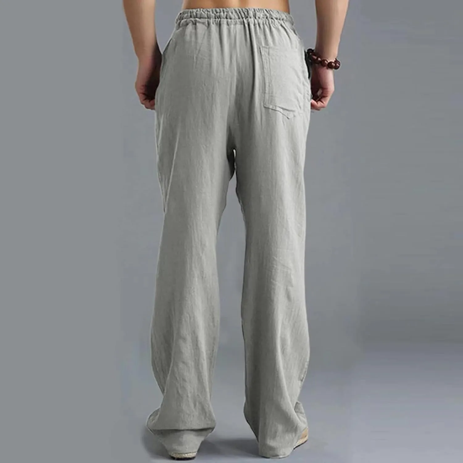 Men's Casual Sports Pants Breathable Solid Color Linen Elastic Waist Lace Up Loose Trousers with Pockets