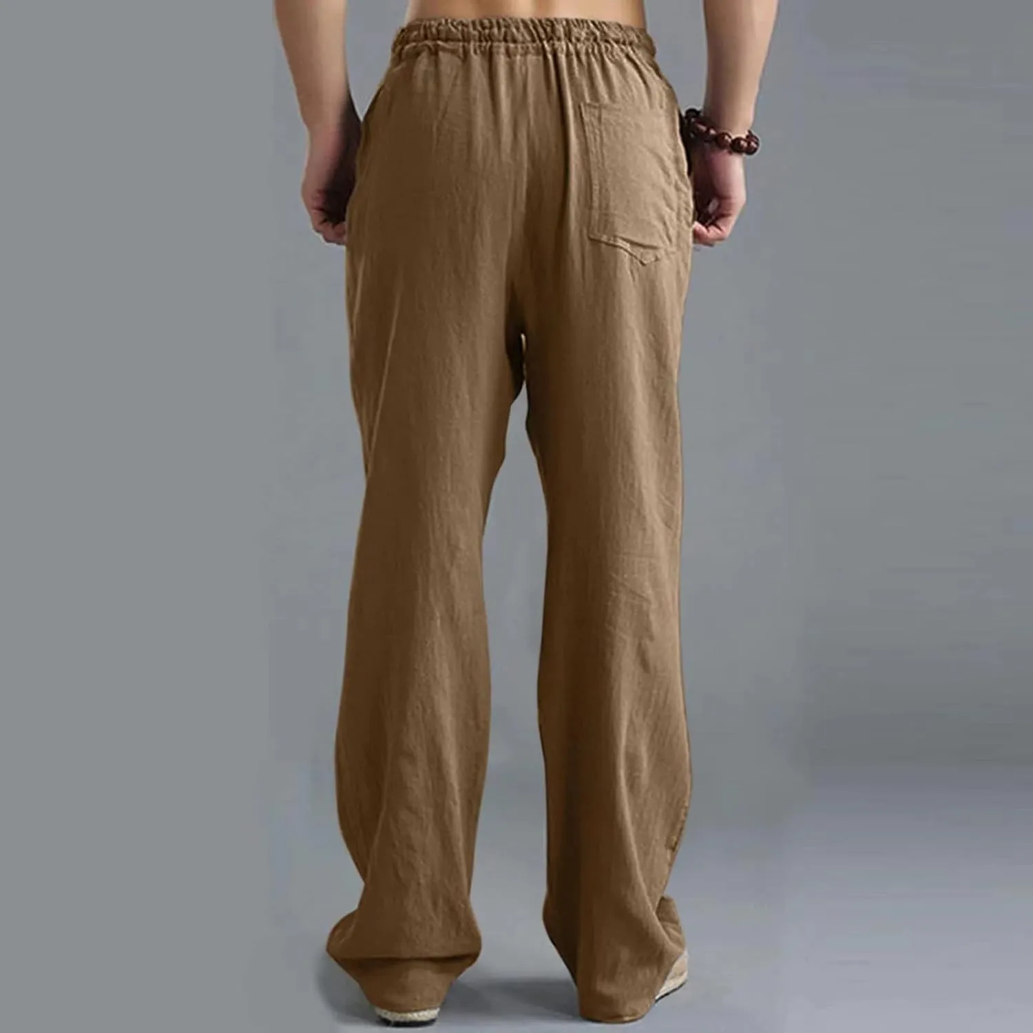 Men's Casual Sports Pants Breathable Solid Color Linen Elastic Waist Lace Up Loose Trousers with Pockets