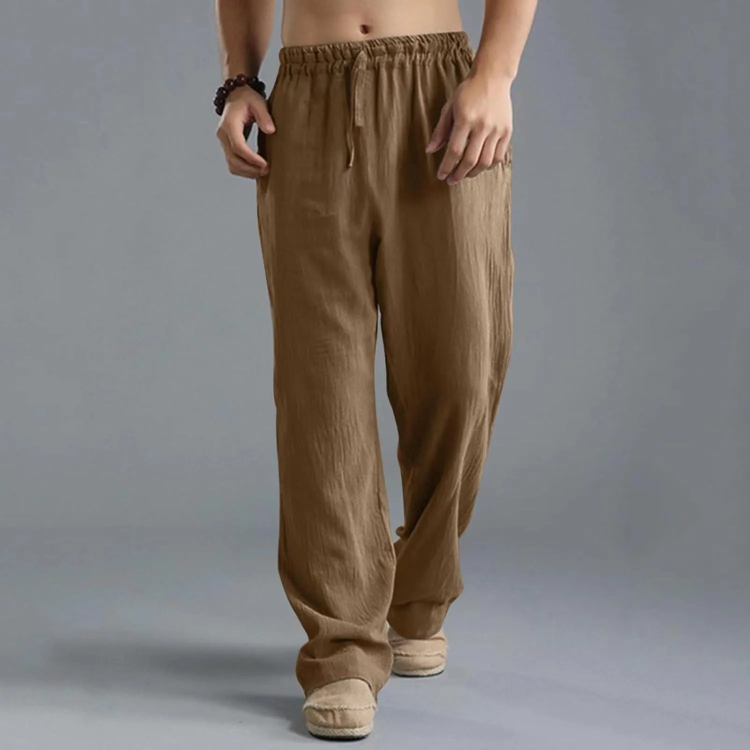 Men's Casual Sports Pants Breathable Solid Color Linen Elastic Waist Lace Up Loose Trousers with Pockets