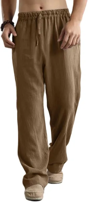 Men's Casual Sports Pants Breathable Solid Color Linen Elastic Waist Lace Up Loose Trousers with Pockets