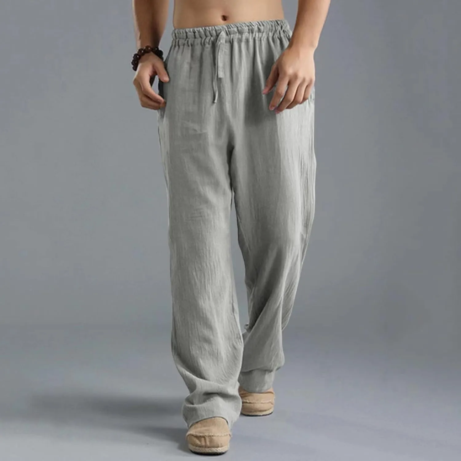 Men's Casual Sports Pants Breathable Solid Color Linen Elastic Waist Lace Up Loose Trousers with Pockets