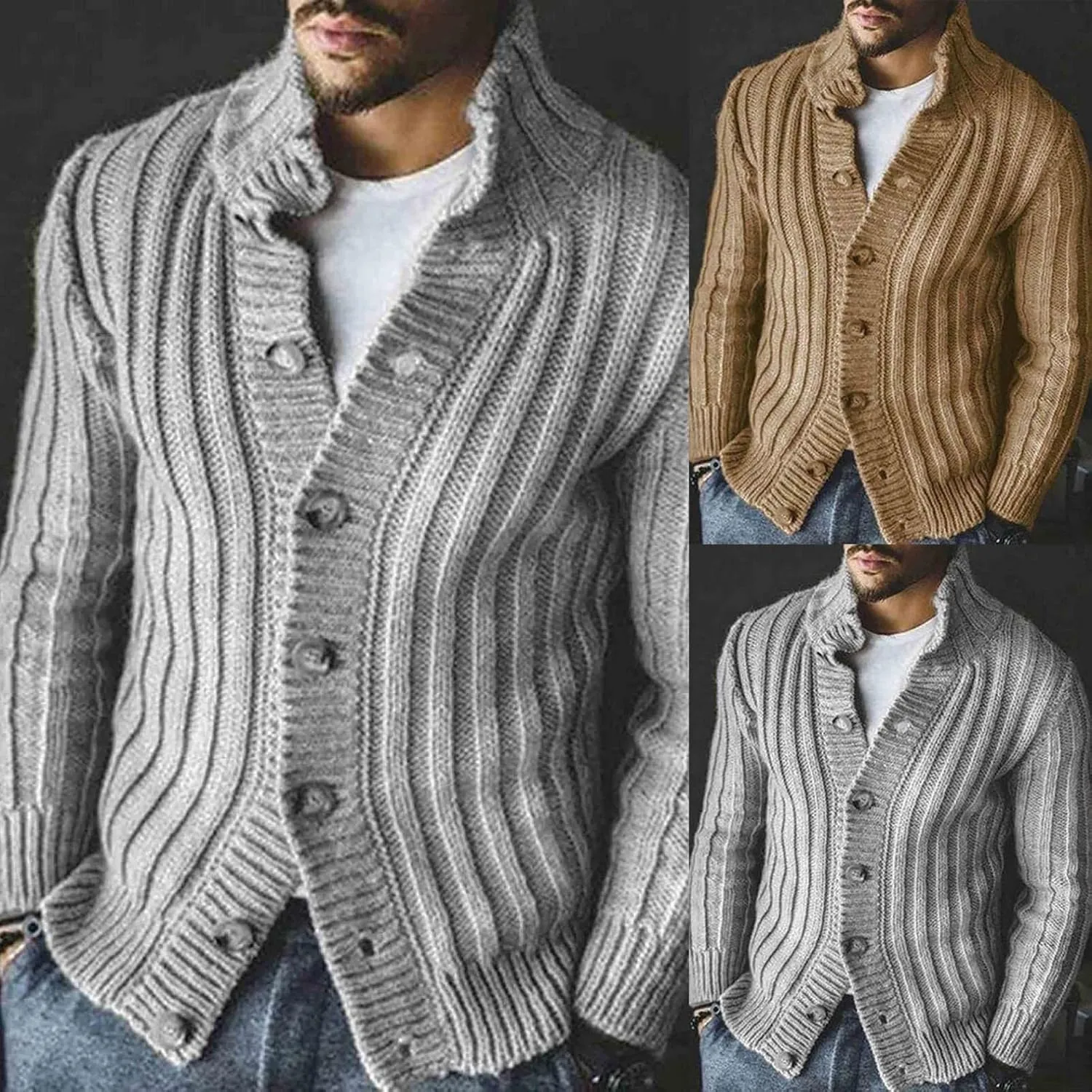 Mens Casual Stand Collar Cable Knit Cardigans Regular Fit Button Down Long Sleeve Casual Open Front Cardigan Sweaters