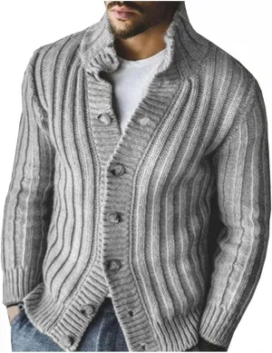 Mens Casual Stand Collar Cable Knit Cardigans Regular Fit Button Down Long Sleeve Casual Open Front Cardigan Sweaters