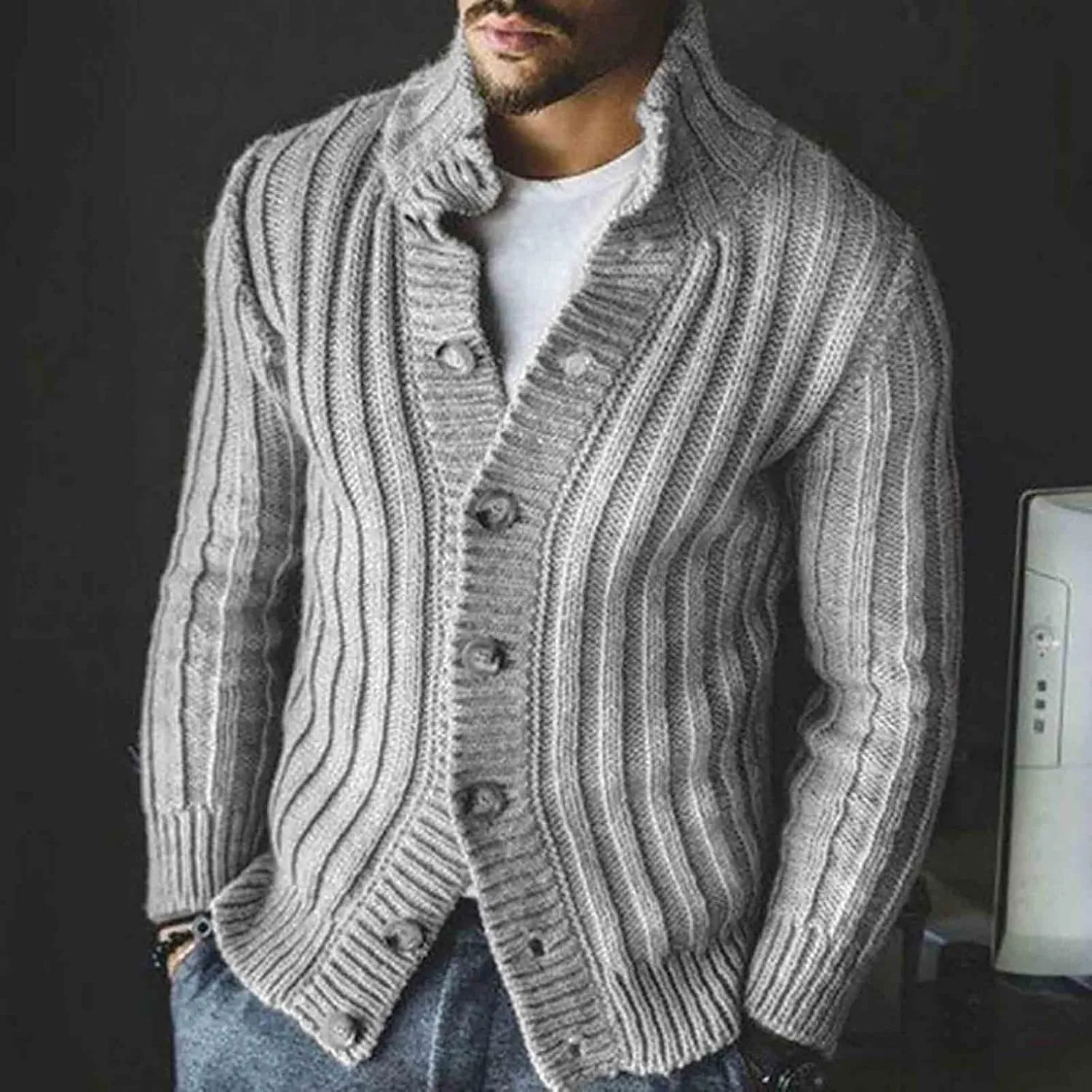 Mens Casual Stand Collar Cable Knit Cardigans Regular Fit Button Down Long Sleeve Casual Open Front Cardigan Sweaters