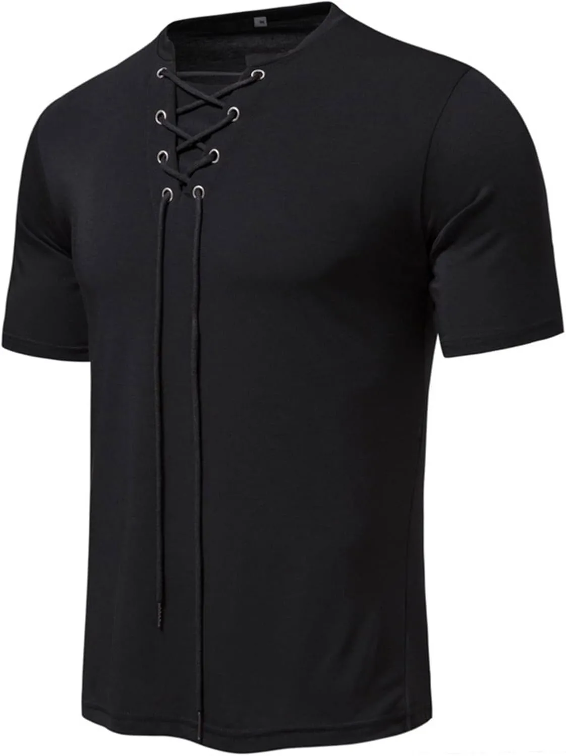 Mens Cotton Linen Henley Shirt Drawstring Short Sleeve Hippie Casual Lace Up T Shirt Renaissance Summer Beach Tops