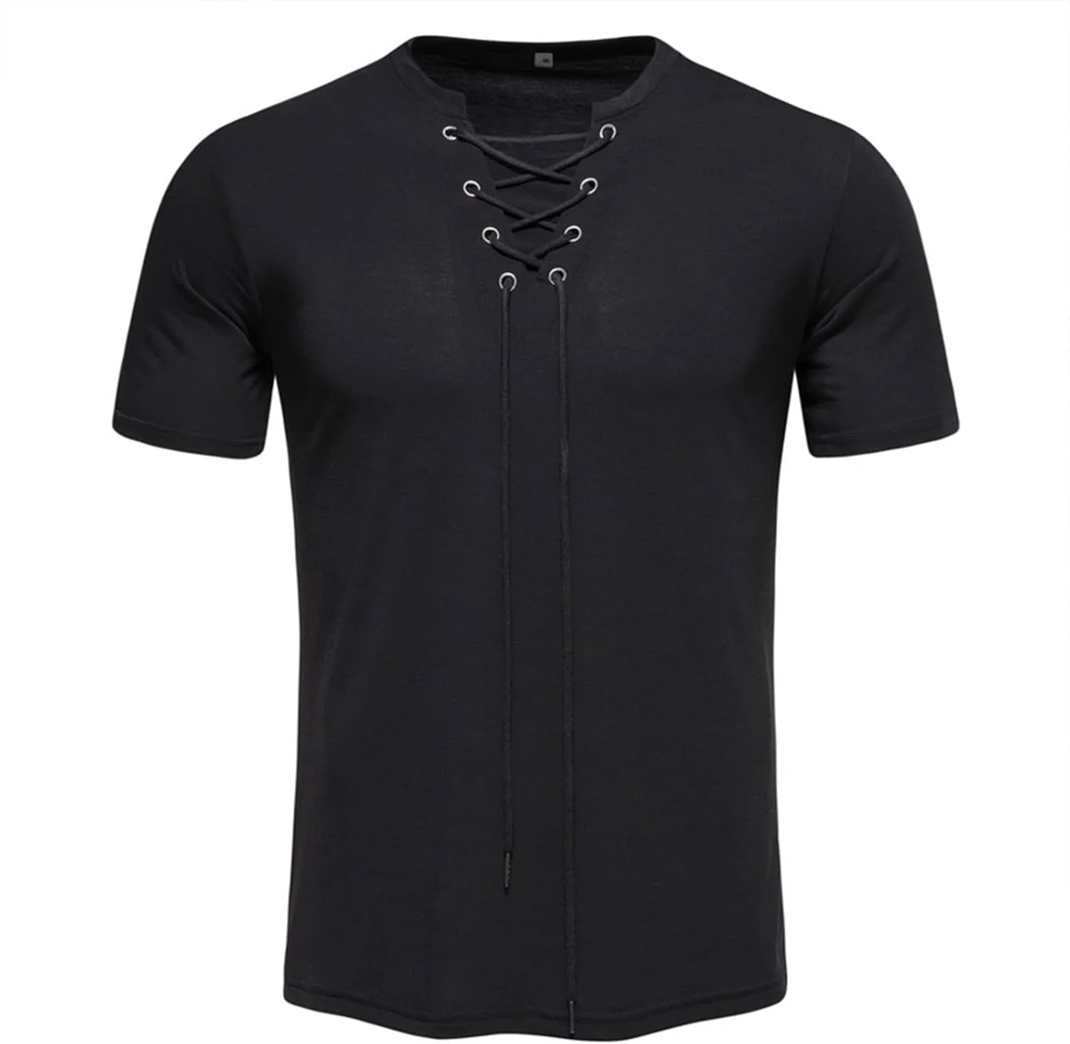 Mens Cotton Linen Henley Shirt Drawstring Short Sleeve Hippie Casual Lace Up T Shirt Renaissance Summer Beach Tops