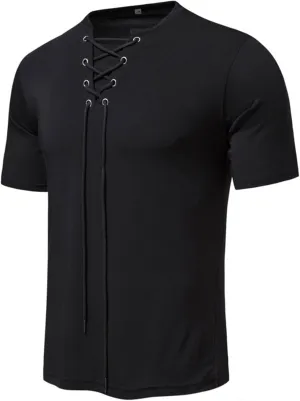 Mens Cotton Linen Henley Shirt Drawstring Short Sleeve Hippie Casual Lace Up T Shirt Renaissance Summer Beach Tops