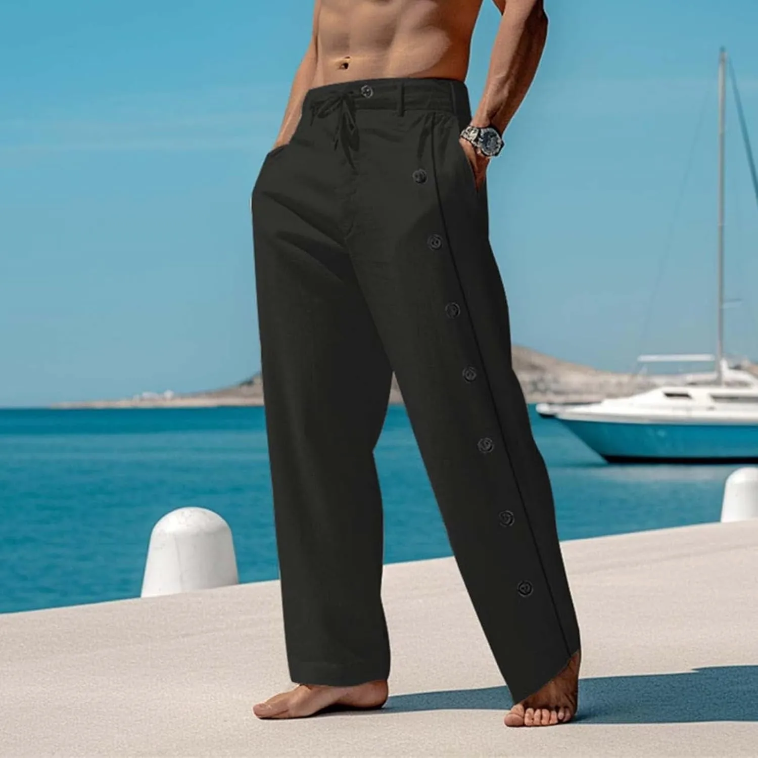 Mens Cotton Linen Pants Drawstring Elastic Waist Casual Breathable Classic Trendy Trousers Vacation Beach Sweatpants