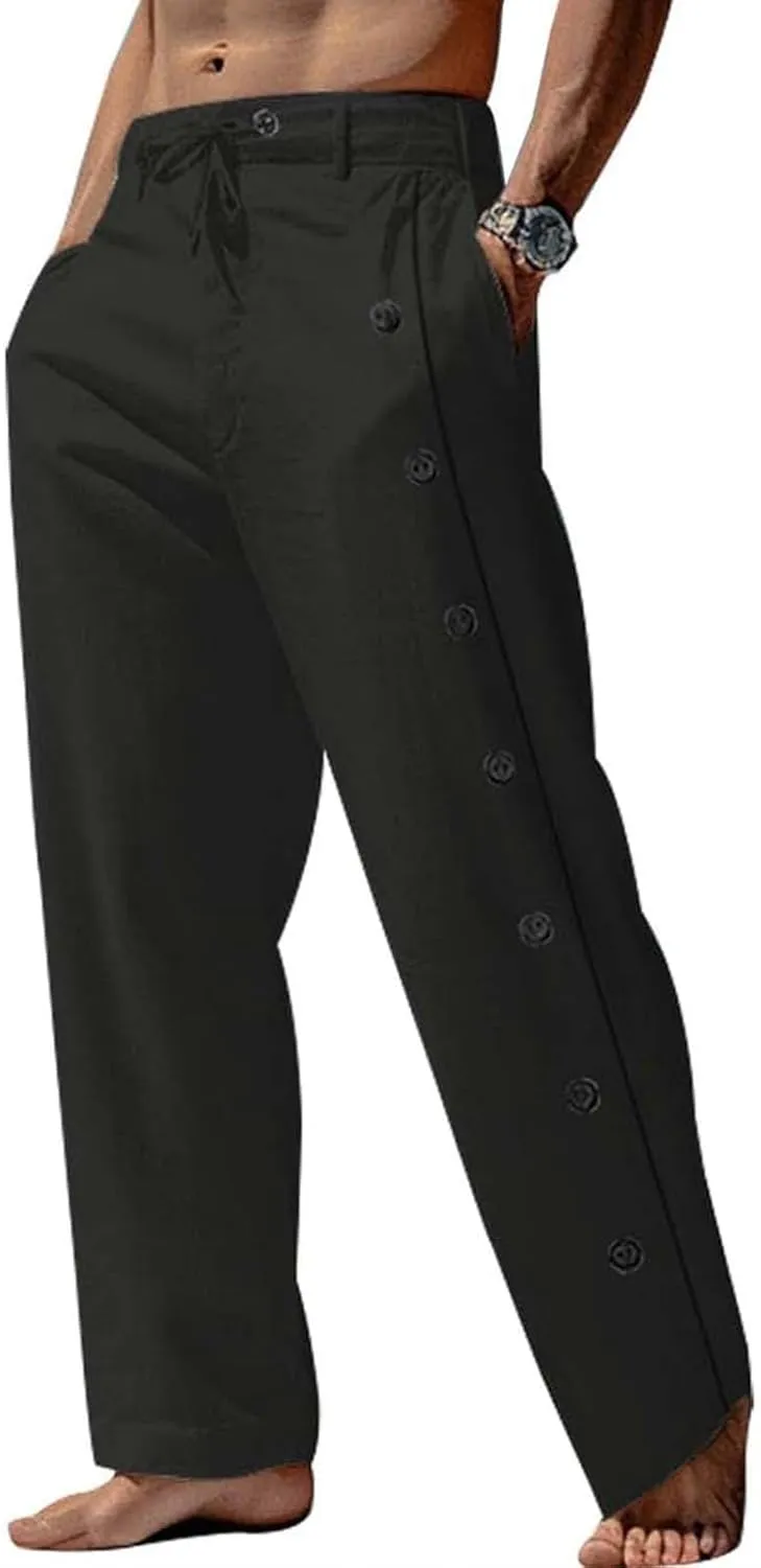 Mens Cotton Linen Pants Drawstring Elastic Waist Casual Breathable Classic Trendy Trousers Vacation Beach Sweatpants