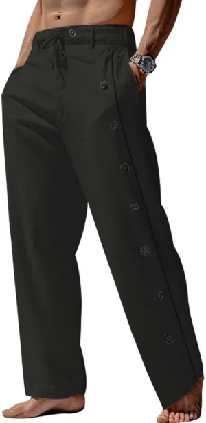 Mens Cotton Linen Pants Drawstring Elastic Waist Casual Breathable Classic Trendy Trousers Vacation Beach Sweatpants