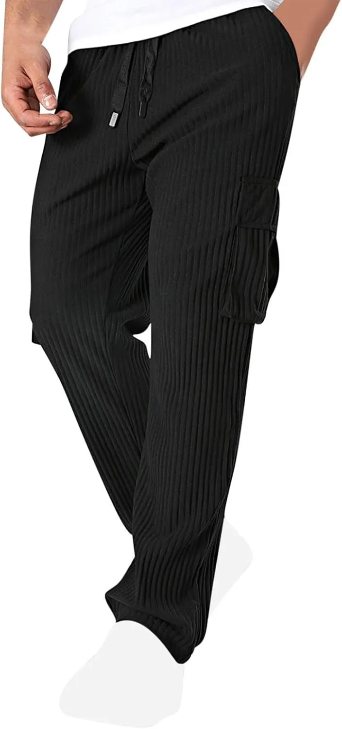 Men's Loose Straight Pants Casual Slim Elastic Waist Drawstring Work Pant Pleated Breathable Sport Cargo Trousers