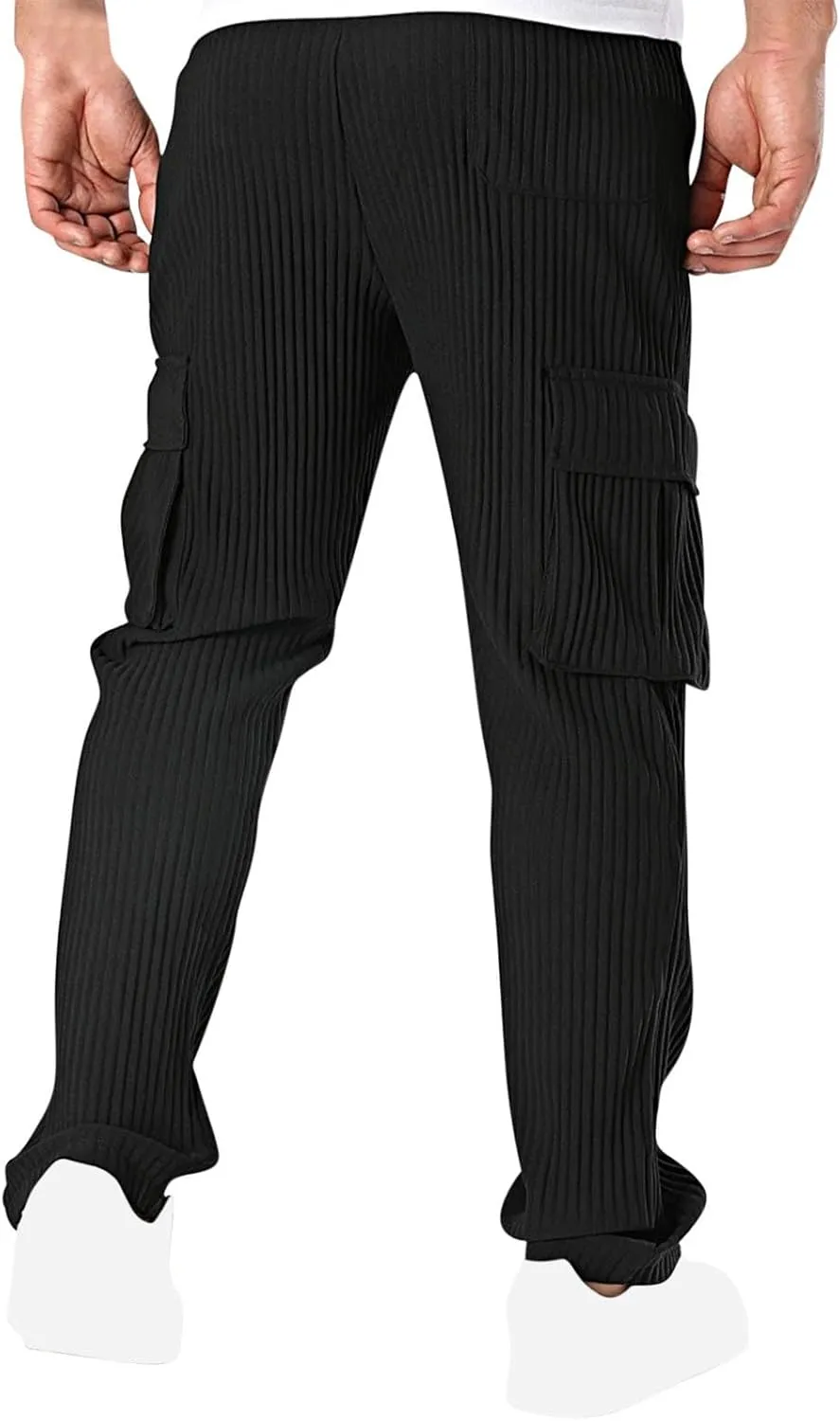 Men's Loose Straight Pants Casual Slim Elastic Waist Drawstring Work Pant Pleated Breathable Sport Cargo Trousers