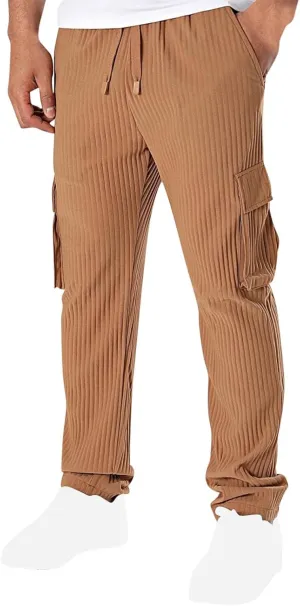 Men's Loose Straight Pants Casual Slim Elastic Waist Drawstring Work Pant Pleated Breathable Sport Cargo Trousers