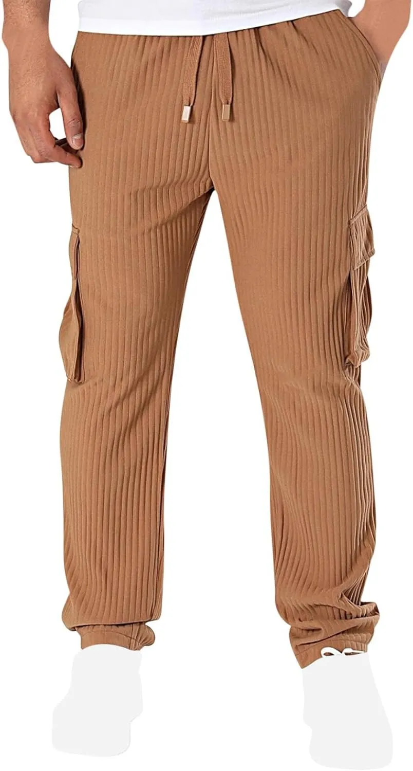 Men's Loose Straight Pants Casual Slim Elastic Waist Drawstring Work Pant Pleated Breathable Sport Cargo Trousers