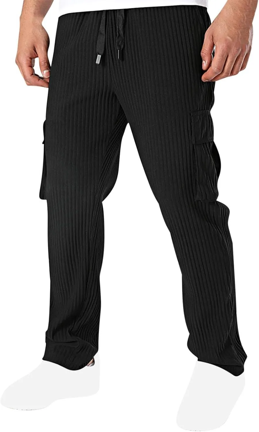 Men's Loose Straight Pants Casual Slim Elastic Waist Drawstring Work Pant Pleated Breathable Sport Cargo Trousers