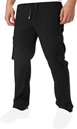 Men's Loose Straight Pants Casual Slim Elastic Waist Drawstring Work Pant Pleated Breathable Sport Cargo Trousers