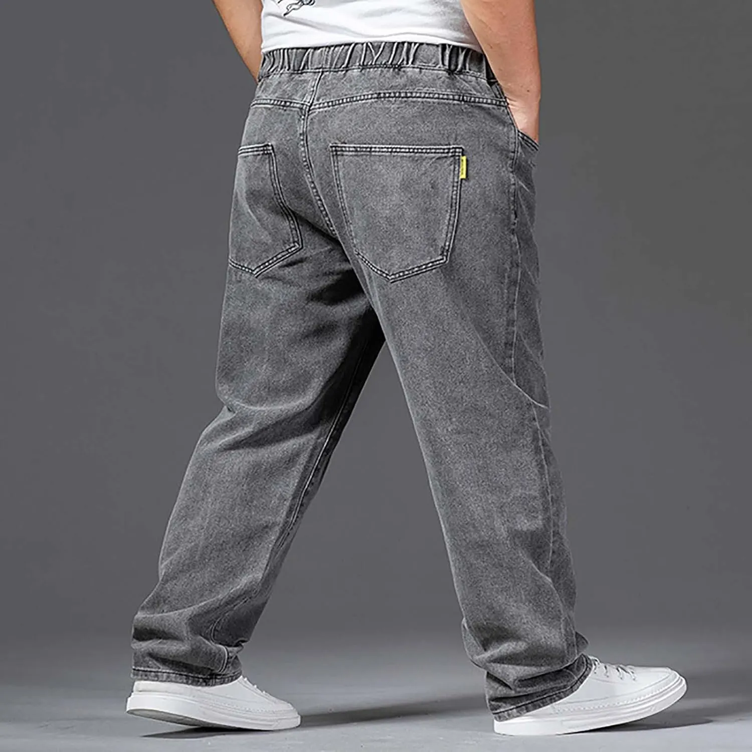 Men's Relaxed Fit Straight Jeans Elastic Waist Cargo Jeans Work Utility Pants Casual Loose Demin Pants