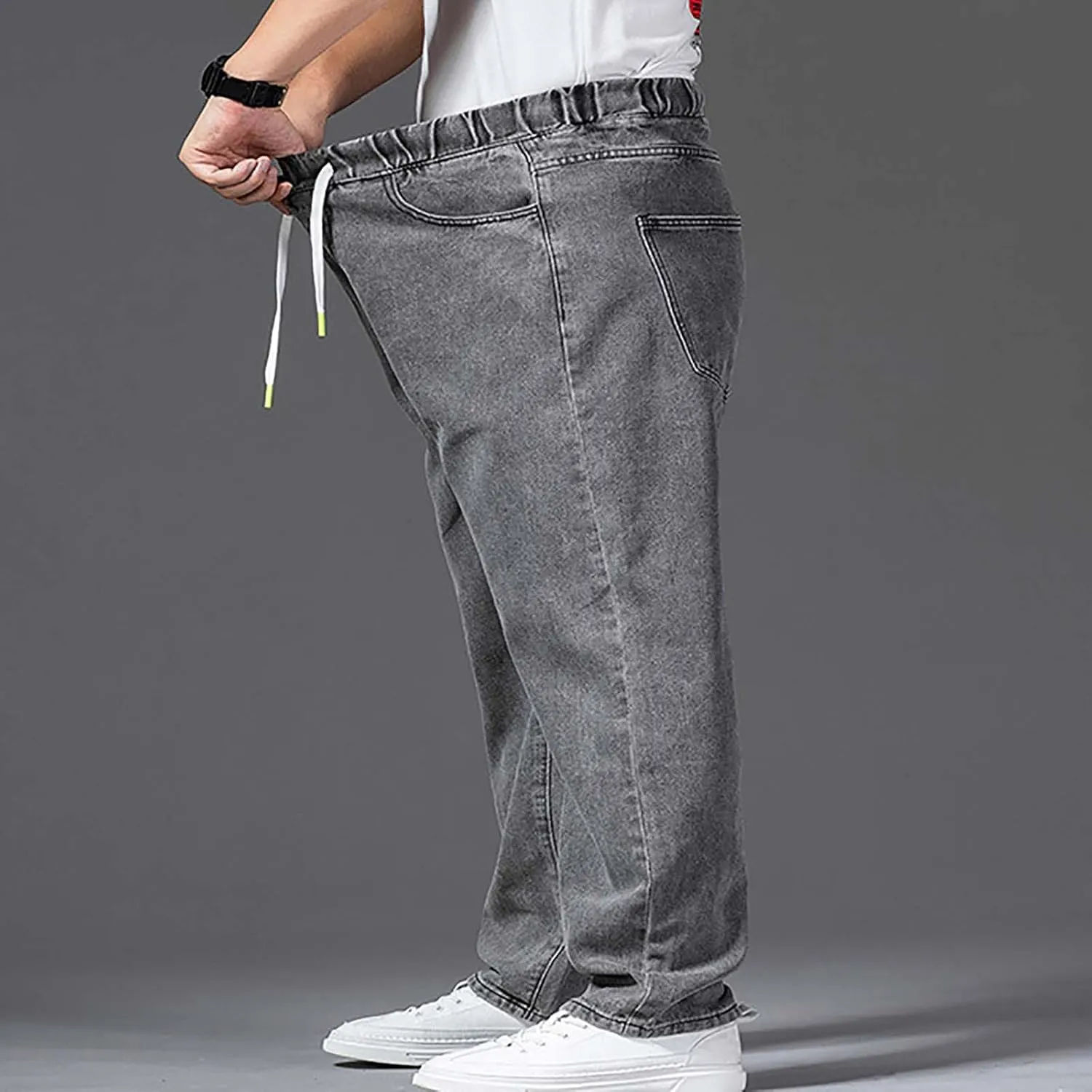 Men's Relaxed Fit Straight Jeans Elastic Waist Cargo Jeans Work Utility Pants Casual Loose Demin Pants