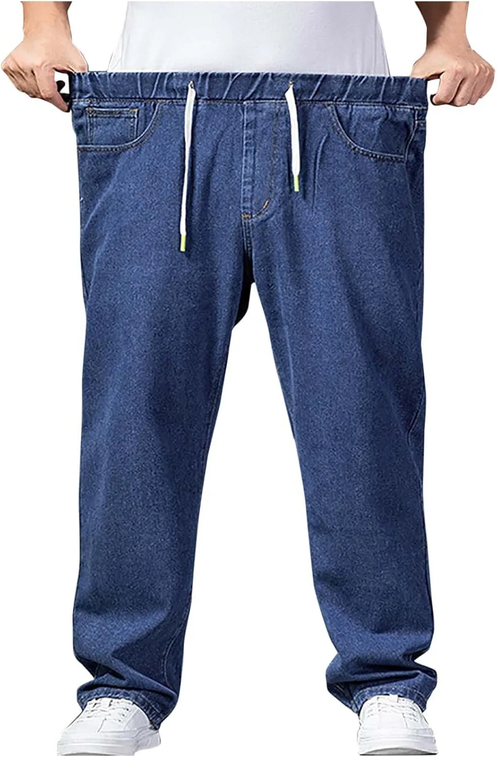 Men's Relaxed Fit Straight Jeans Elastic Waist Cargo Jeans Work Utility Pants Casual Loose Demin Pants