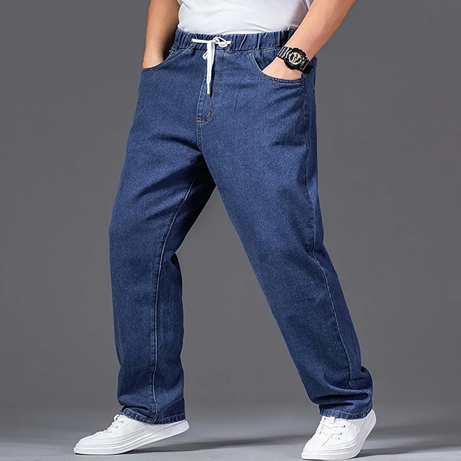 Men's Relaxed Fit Straight Jeans Elastic Waist Cargo Jeans Work Utility Pants Casual Loose Demin Pants