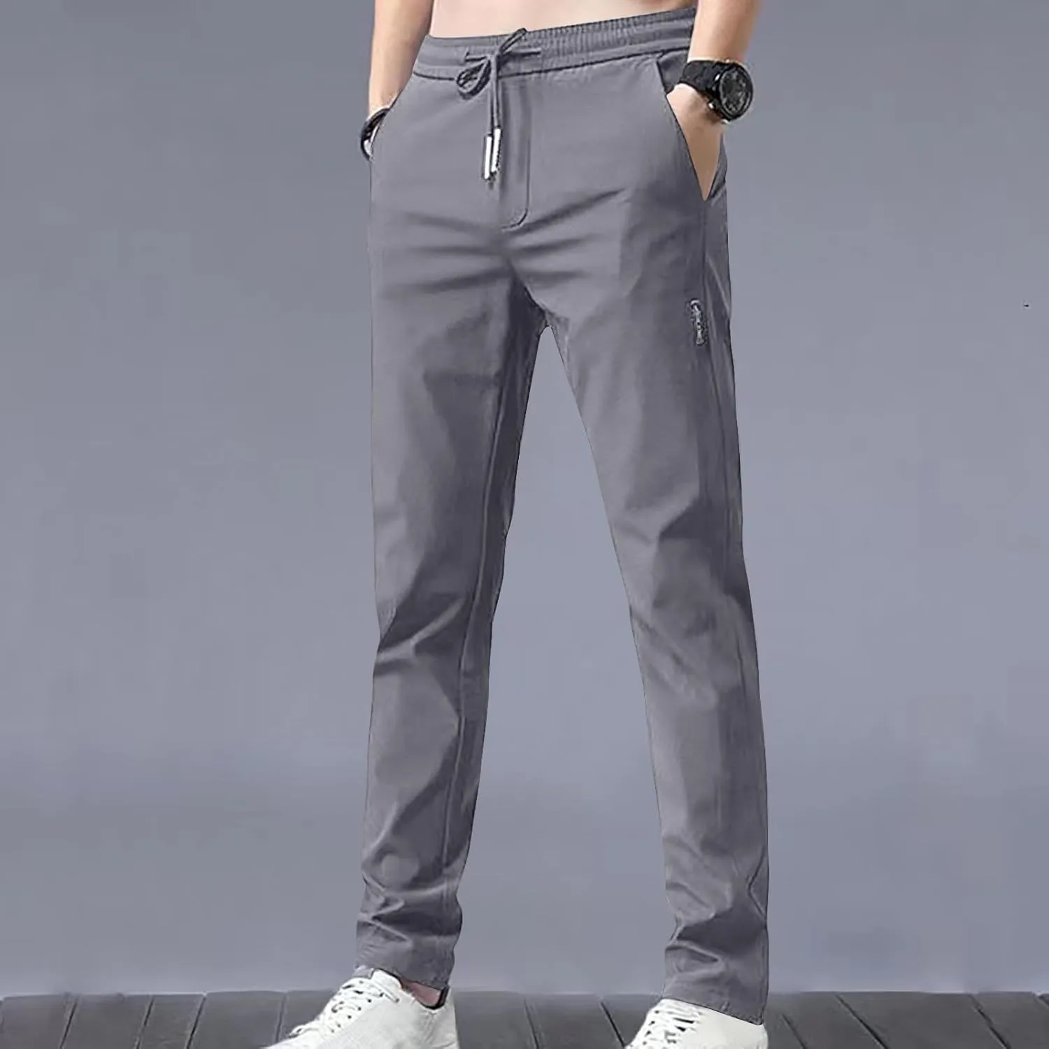 Men's Summer Ice Silk Pants Elastic Waist Solid Color Slim Fit Trousers Drawstrings Breathable Casual Pencil Pants