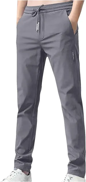 Men's Summer Ice Silk Pants Elastic Waist Solid Color Slim Fit Trousers Drawstrings Breathable Casual Pencil Pants