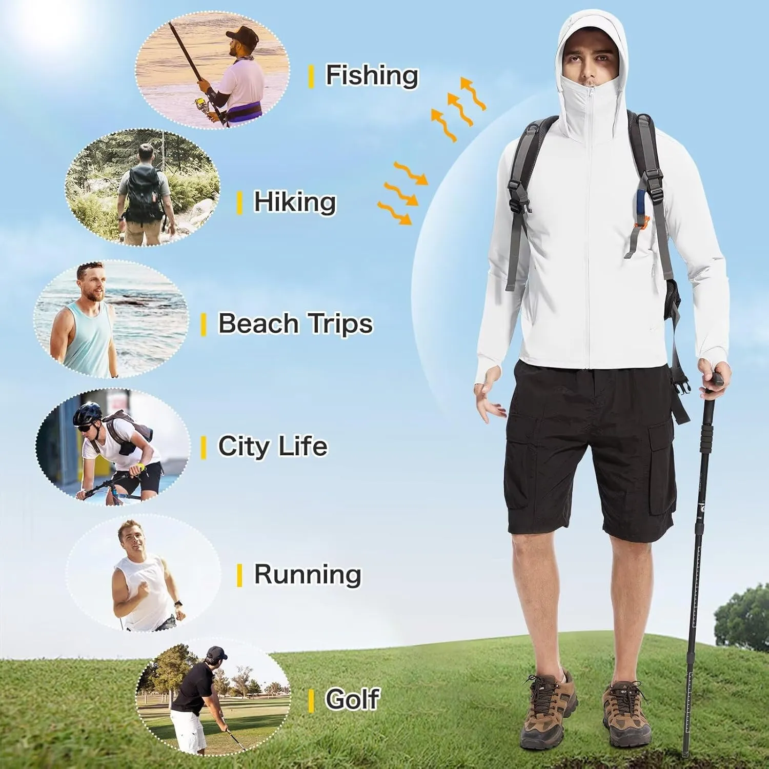 Men's UPF 50  Sun Protection Shirts Cooling SPF Hoodie Jacket Pocket Long Sleeve UV Clothing for Fishing Hiking