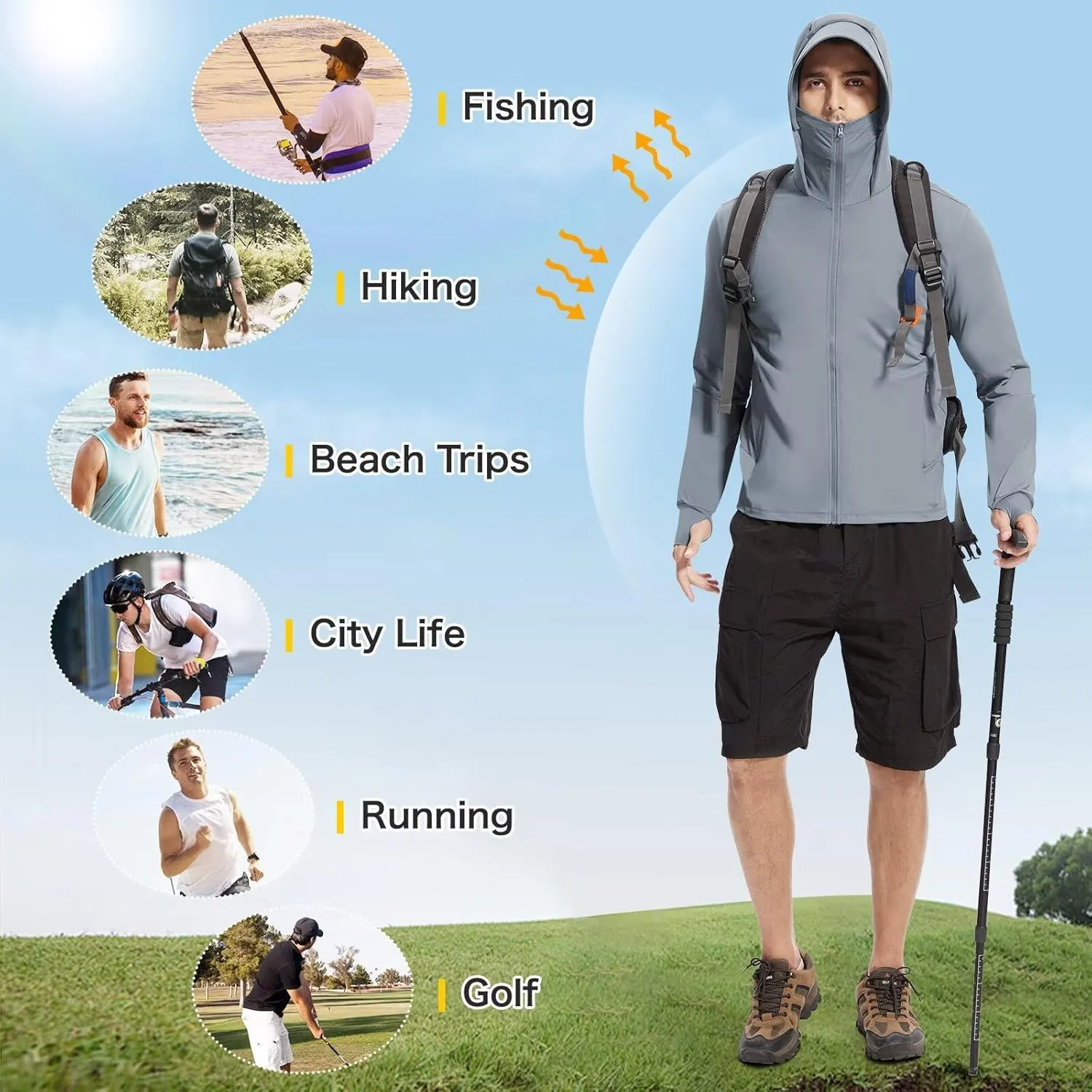 Men's UPF 50  Sun Protection Shirts Cooling SPF Hoodie Jacket Pocket Long Sleeve UV Clothing for Fishing Hiking