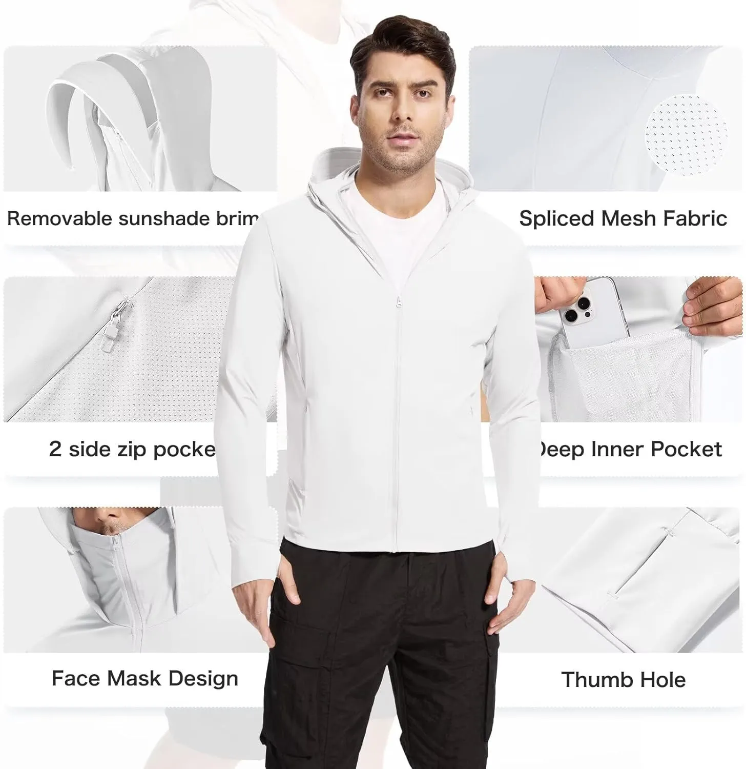 Men's UPF 50  Sun Protection Shirts Cooling SPF Hoodie Jacket Pocket Long Sleeve UV Clothing for Fishing Hiking