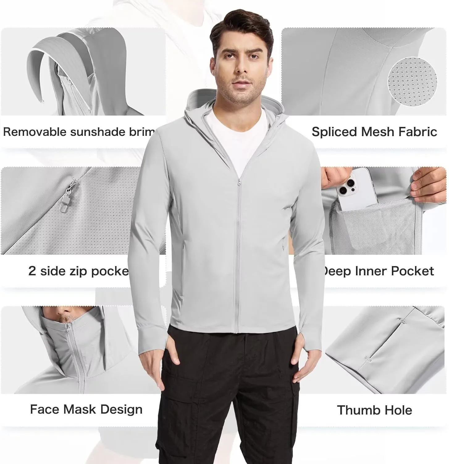 Men's UPF 50  Sun Protection Shirts Cooling SPF Hoodie Jacket Pocket Long Sleeve UV Clothing for Fishing Hiking