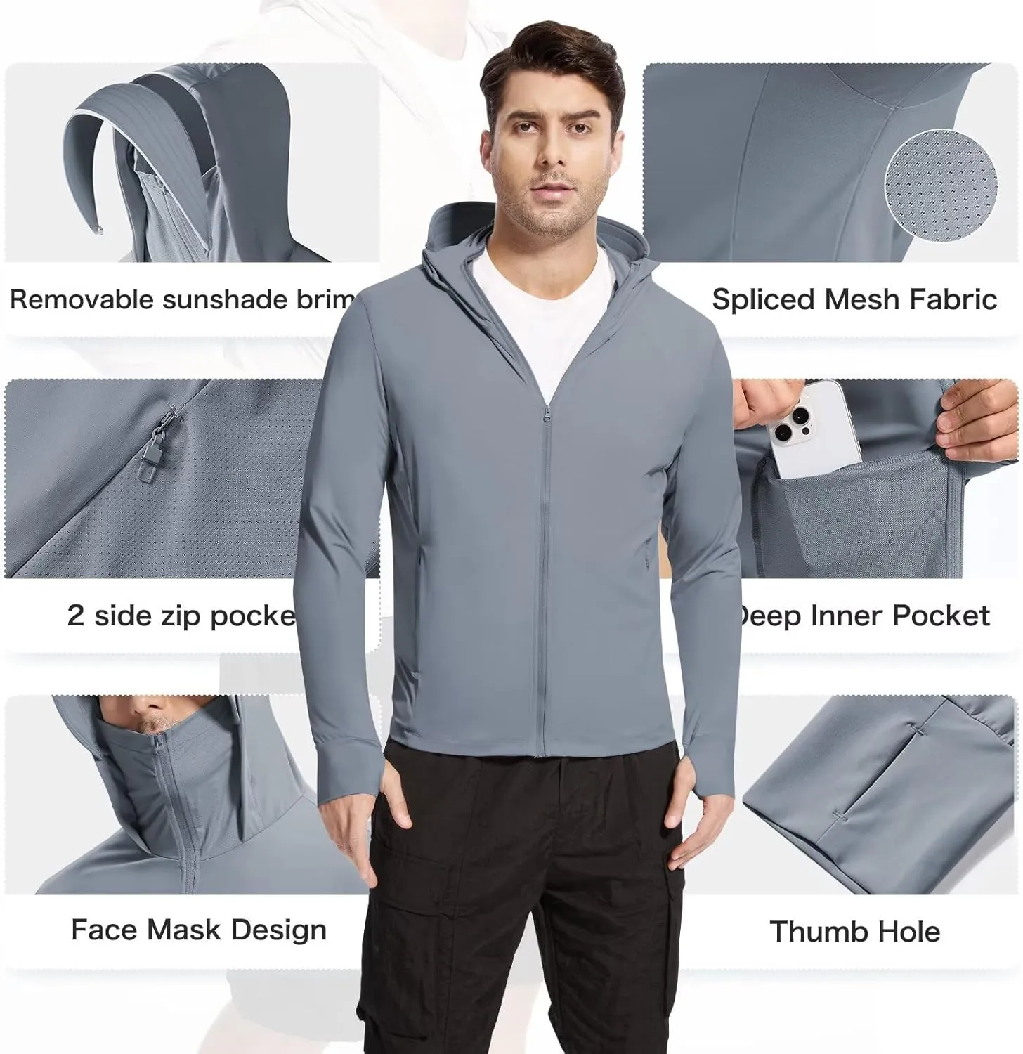 Men's UPF 50  Sun Protection Shirts Cooling SPF Hoodie Jacket Pocket Long Sleeve UV Clothing for Fishing Hiking