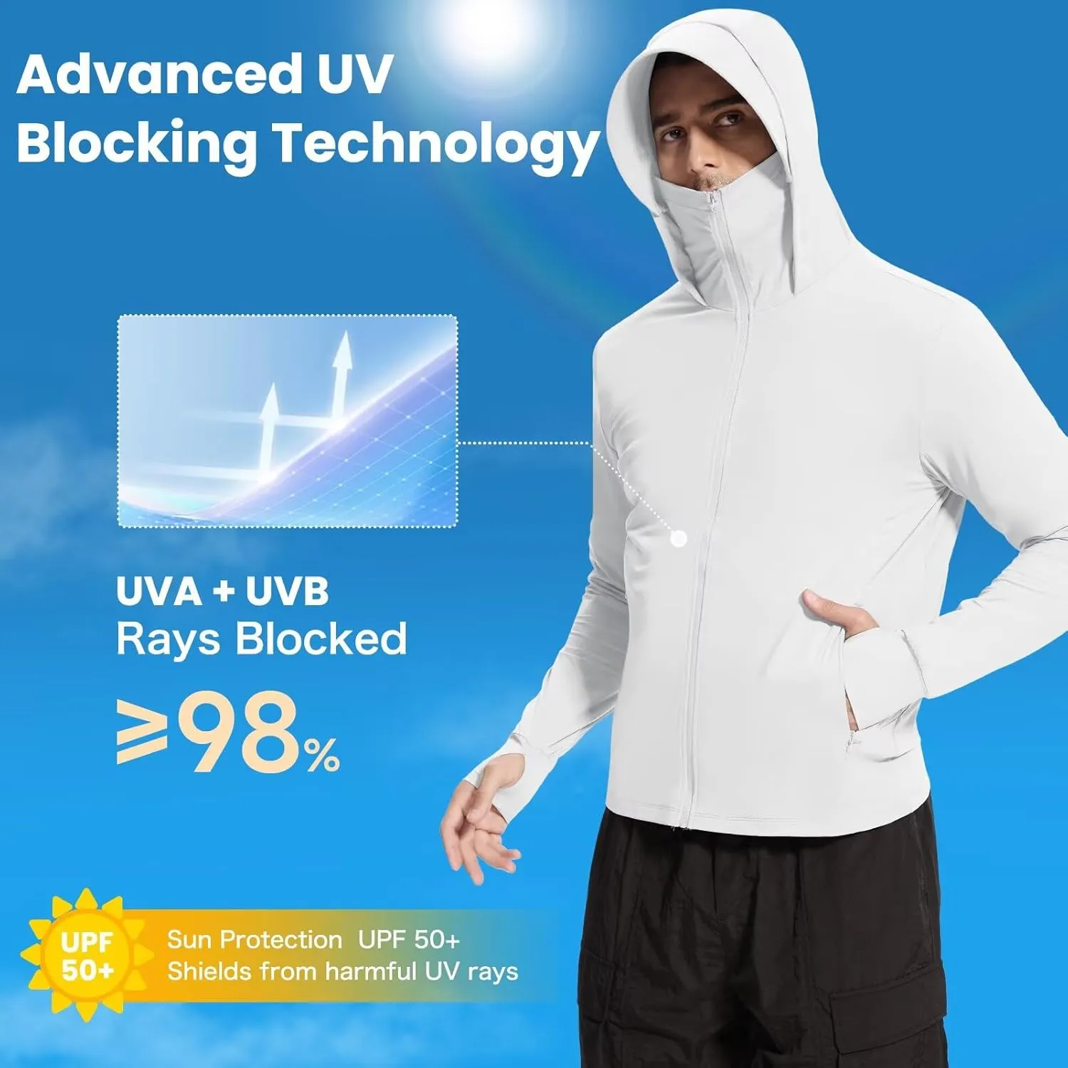 Men's UPF 50  Sun Protection Shirts Cooling SPF Hoodie Jacket Pocket Long Sleeve UV Clothing for Fishing Hiking