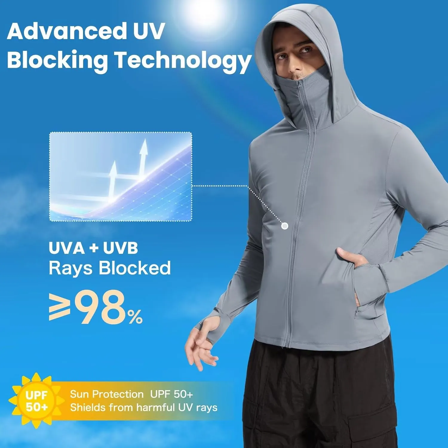 Men's UPF 50  Sun Protection Shirts Cooling SPF Hoodie Jacket Pocket Long Sleeve UV Clothing for Fishing Hiking
