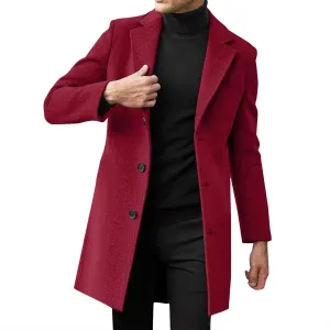 Mens Wool Blend Trench Coat Slim Fit Notched Collar Long Jacket Winter Overcoat Single Breasted Pea Coat wih Pockets