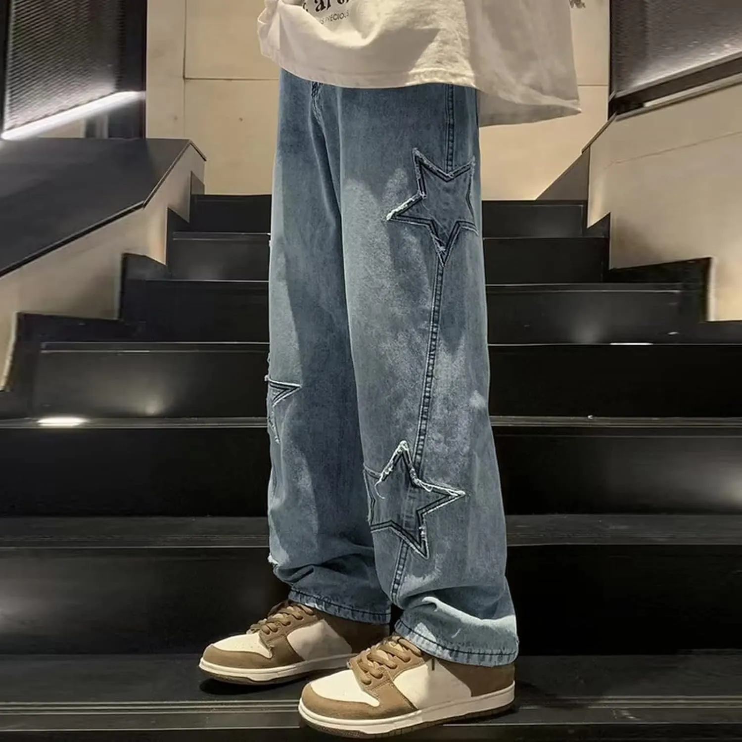 Mens Y2k Jeans Star High Waisted Hip Hop Y2K Streetwear Jeans Loose Baggy Embroidery Aesthetic Harajuku Denim Pants Trousers