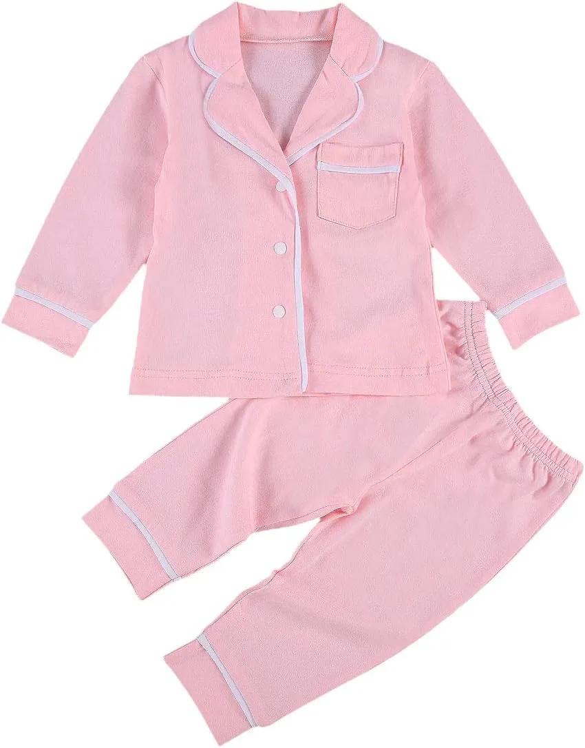 Merqwadd Toddler Baby Button-Down Pajamas Set, Cotton 2-PCS-PJs Set Shirt and Pants Sleepwear for Unisex Kids