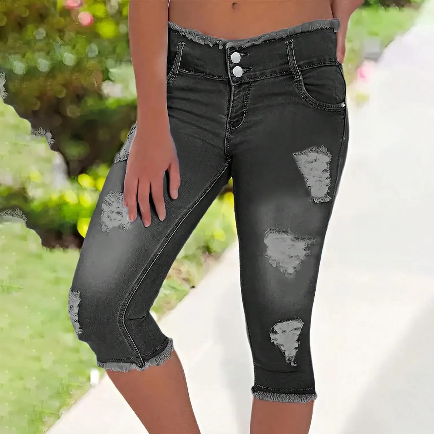 midelxp Capri Jeans for Women Stretch Low Rise Ripped Jeans with Pockets Sexy Skinny Distressed Denim Capris Y2k Crop Pants