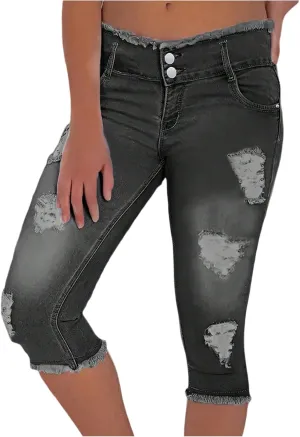 midelxp Capri Jeans for Women Stretch Low Rise Ripped Jeans with Pockets Sexy Skinny Distressed Denim Capris Y2k Crop Pants