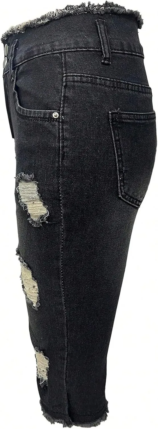 midelxp Capri Jeans for Women Stretch Low Rise Ripped Jeans with Pockets Sexy Skinny Distressed Denim Capris Y2k Crop Pants