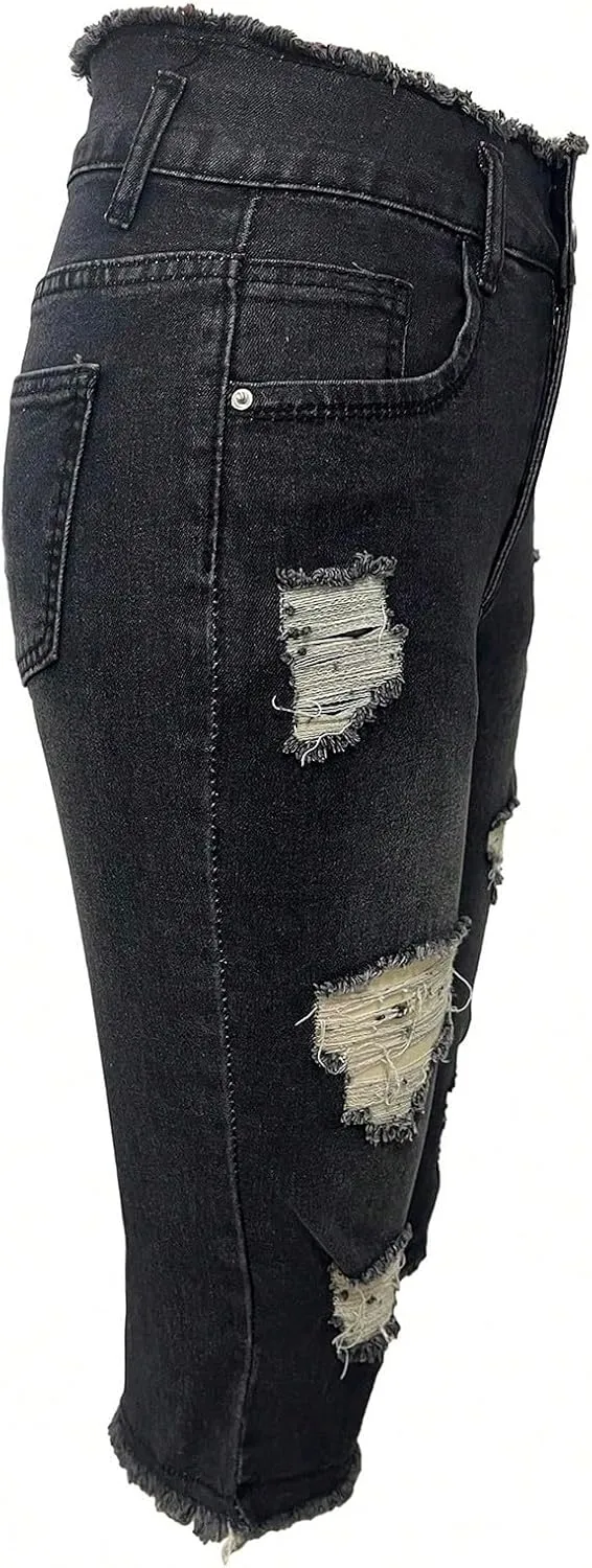 midelxp Capri Jeans for Women Stretch Low Rise Ripped Jeans with Pockets Sexy Skinny Distressed Denim Capris Y2k Crop Pants