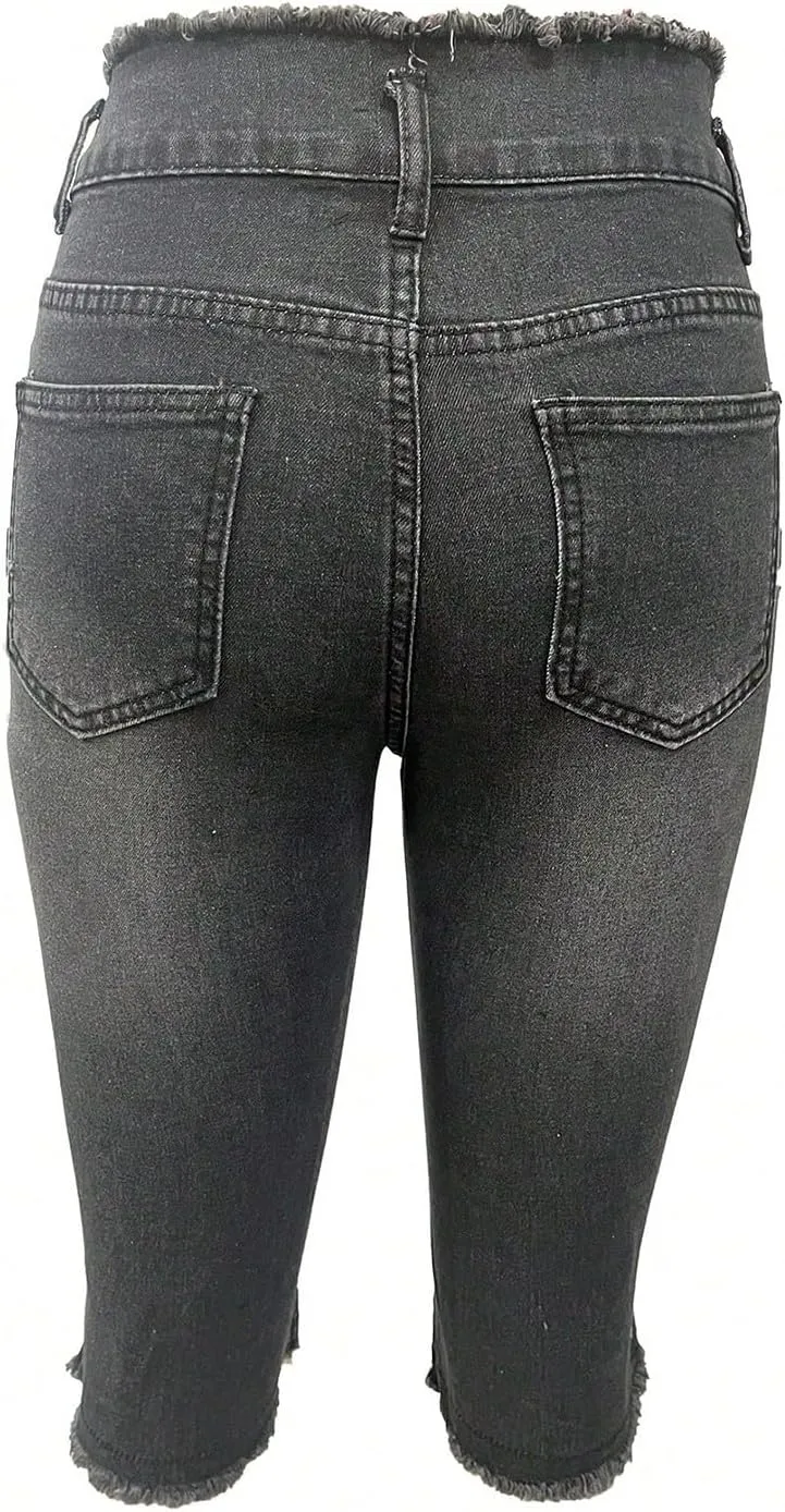 midelxp Capri Jeans for Women Stretch Low Rise Ripped Jeans with Pockets Sexy Skinny Distressed Denim Capris Y2k Crop Pants