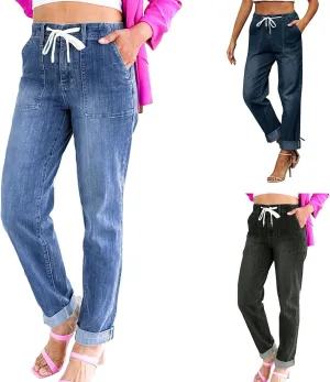 midelxp Stretchy Straight Leg Jeans for Women Baggy Drawstring Elastic Waist Jeans Y2k Boyfriend Denim Pants with Pockets