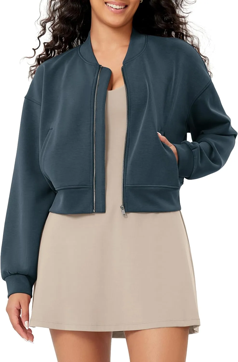 ODODOS Modal Soft Full-Zip Bomber Jacket for Women Long Sleeve Casual Fall Outfit Crop Top with Pockets