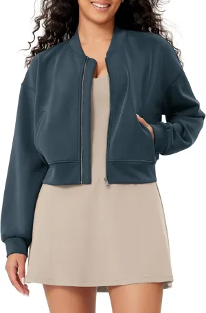 ODODOS Modal Soft Full-Zip Bomber Jacket for Women Long Sleeve Casual Fall Outfit Crop Top with Pockets