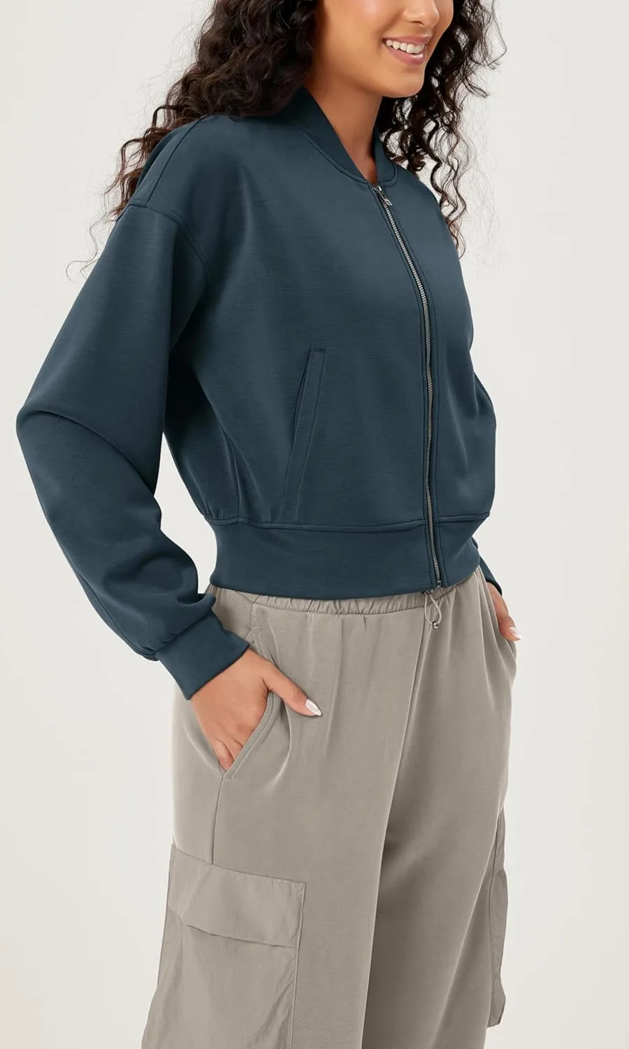 ODODOS Modal Soft Full-Zip Bomber Jacket for Women Long Sleeve Casual Fall Outfit Crop Top with Pockets