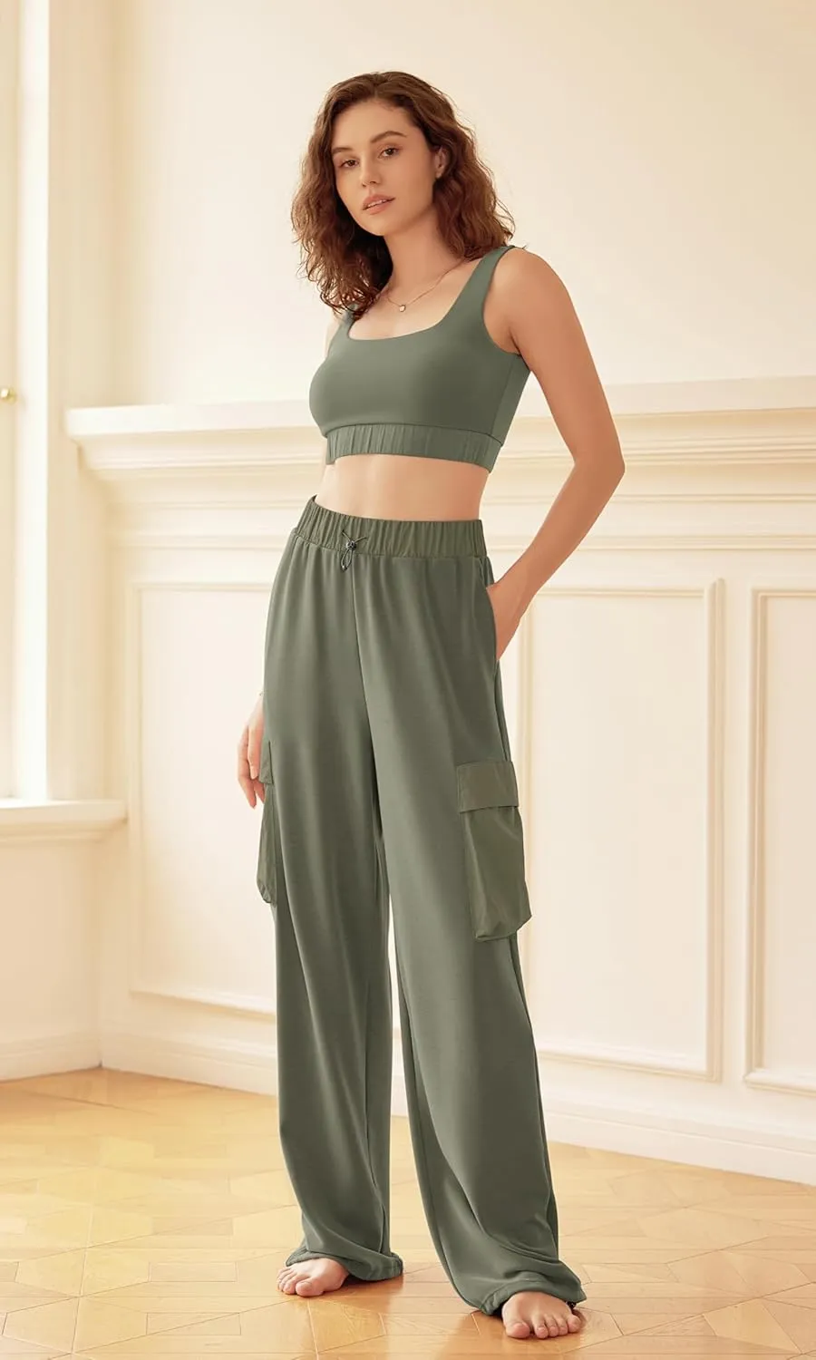 ODODOS Women's Modal Soft Wide Leg Cargo Pants with Pockets Adjustable Shockcord High Waist Loose Jogger Pants