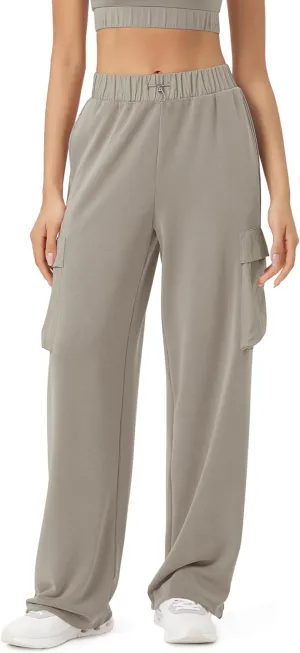 ODODOS Women's Modal Soft Wide Leg Cargo Pants with Pockets Adjustable Shockcord High Waist Loose Jogger Pants