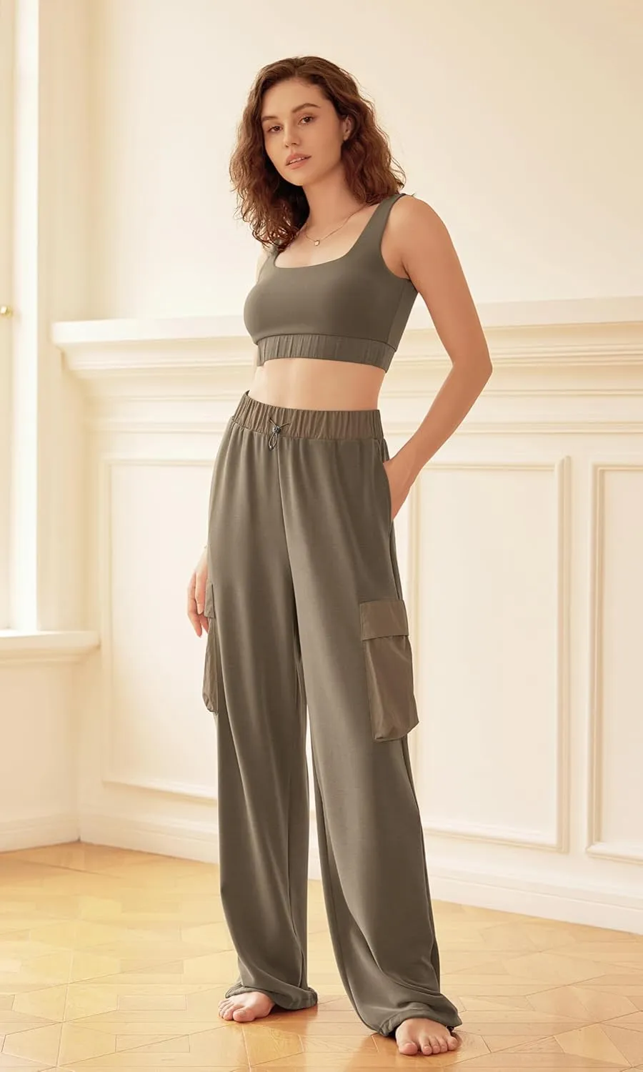 ODODOS Women's Modal Soft Wide Leg Cargo Pants with Pockets Adjustable Shockcord High Waist Loose Jogger Pants