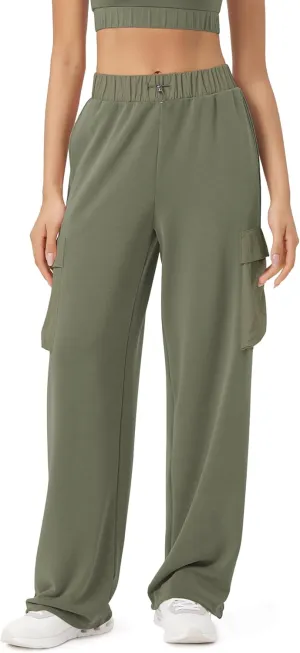 ODODOS Women's Modal Soft Wide Leg Cargo Pants with Pockets Adjustable Shockcord High Waist Loose Jogger Pants
